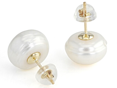 White Cultured Freshwater Pearl 10k Yellow Gold Stud Earrings 10-11mm
