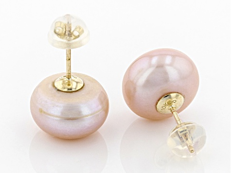 Pink Cultured Freshwater Pearls 10k Yellow Gold Stud Earrings 10-11mm