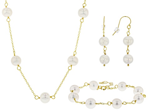 Cultured Freshwater Pearl 18k Yellow Gold Over Silver Necklace Cultured Freshwater Pearl 18k Yellow Gold Over Silver Necklace Bracelet Earring Set