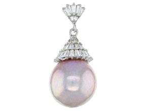 13.5-14mm Cultured Freshwater Pearl With Cubic Zirconia Rhodium Over Silver Pendant