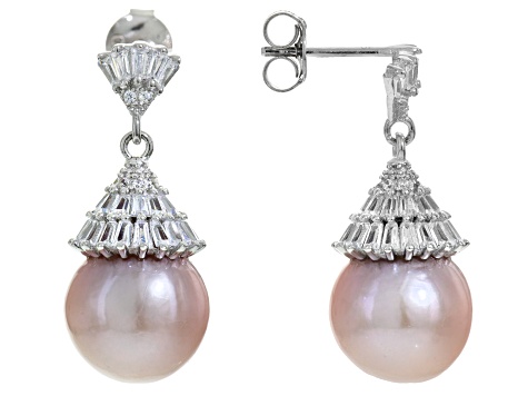 12.5-13mm Cultured Freshwater Pearl With Cubic Zirconia Rhodium Over Silver Earrings