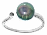 Cultured Tahitian Pearl With Topaz Rhodium Over Sterling Silver Ring 10mm