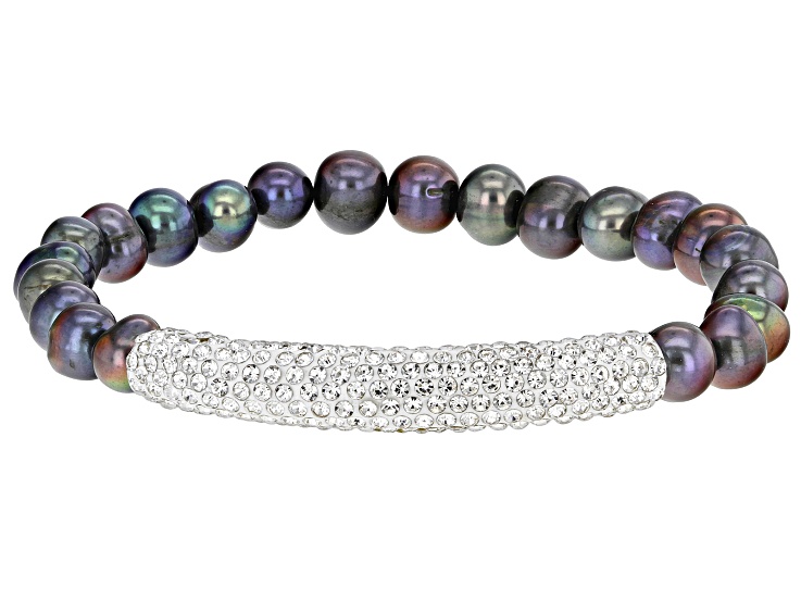 Black Cultured Freshwater Pearl White Crystal Silver Tone