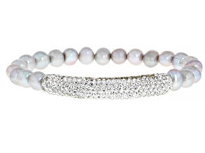 Platinum Cultured Freshwater Pearl White Crystal Silver Tone Stretch Bracelet
