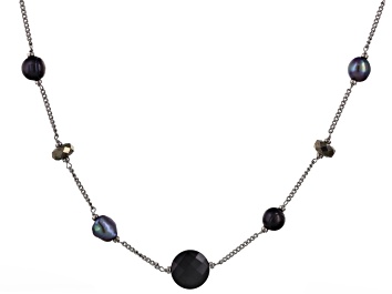 Picture of Cultured Freshwater Pearl With Pyrite And Black Onyx Rhodium Over Silver Necklace