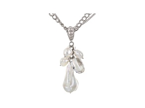 Cultured Freshwater Pearl With Quartz Rhodium Over Silver Necklace 8-11mm