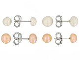 5-7mm Multi-Color Cultured Freshwater Pearl Rhodium Over Silver Stud Earrings Set of 4