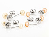 5-7mm Multi-Color Cultured Freshwater Pearl Rhodium Over Silver Stud Earrings Set of 4