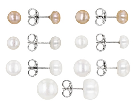 Multi-Color Cultured Freshwater Pearl Rhodium Over Sterling Silver Stud Earrings Set of 7