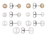 Multi-Color Cultured Freshwater Pearl Rhodium Over Sterling Silver Stud Earrings Set of 7