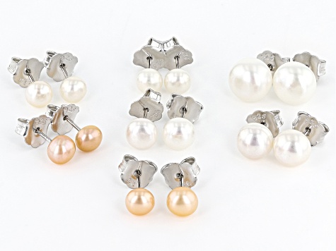 Multi-Color Cultured Freshwater Pearl Rhodium Over Sterling Silver Stud Earrings Set of 7
