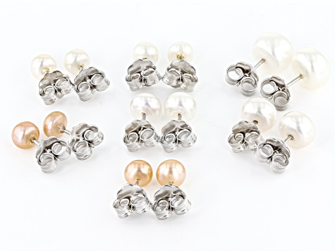 Multi-Color Cultured Freshwater Pearl Rhodium Over Sterling Silver Stud Earrings Set of 7