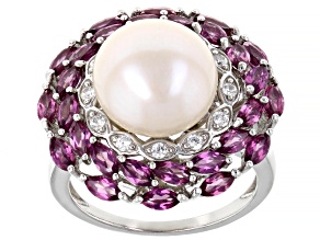 White Cultured Freshwater Pearl With Rhodolite And White Zircon Rhodium Over Sterling Silver Ring