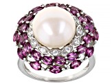 White Cultured Freshwater Pearl With Rhodolite And White Zircon Rhodium Over Sterling Silver Ring