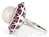 White Cultured Freshwater Pearl With Rhodolite And White Zircon Rhodium Over Sterling Silver Ring