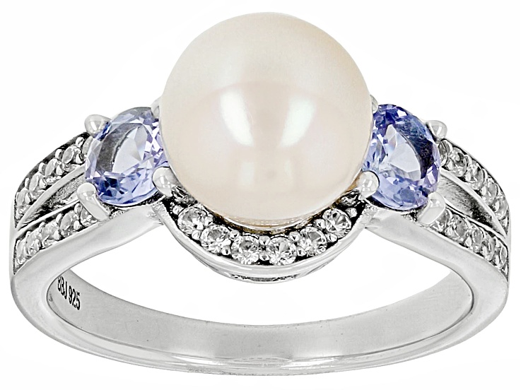 White Cultured Freshwater Pearl With Tanzanite & White Zircon Rhodium Over Sterling Silver Ring