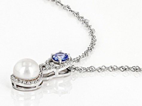 White Cultured Freshwater Pearl With Tanzanite & Zircon Rhodium Over Silver Pendant With Chain