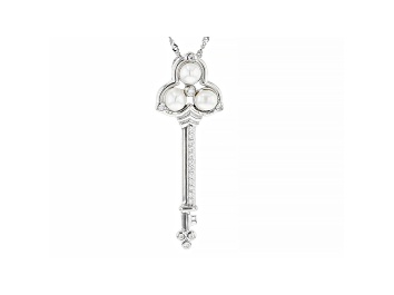 Picture of White Cultured Freshwater Pearl & White Cubic Zirconia Rhodium Over Silver Key Pendant With Chain