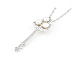 White Cultured Freshwater Pearl & White Cubic Zirconia Rhodium Over Silver Key Pendant With Chain