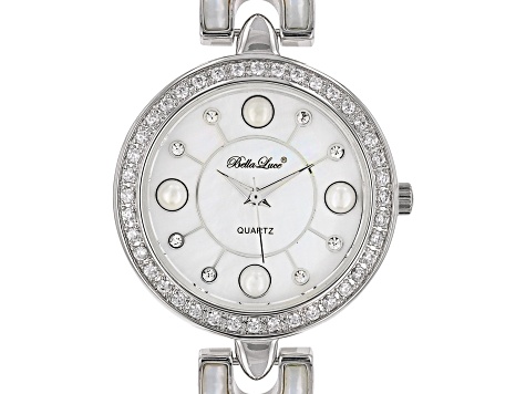 Cultured Freshwater Pearl & South Sea Mother Of Pearl & Cubic Zirconia Rhodium Over Brass Watch