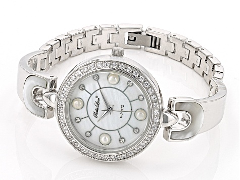 Cultured Freshwater Pearl & South Sea Mother Of Pearl & Cubic Zirconia Rhodium Over Brass Watch
