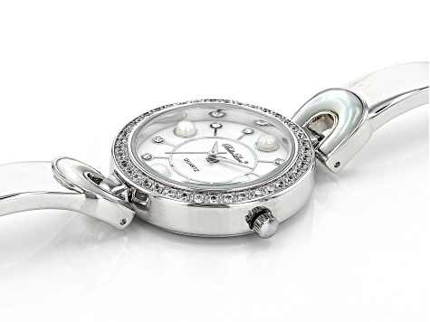 Cultured Freshwater Pearl & South Sea Mother Of Pearl & Cubic Zirconia Rhodium Over Brass Watch