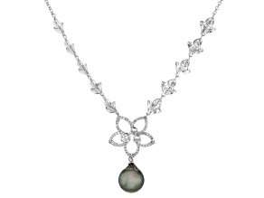 Cultured Tahitian Pearl With White Zircon Rhodium Over Sterling Silver Necklace