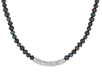 Picture of Black Cultured Freshwater Pearl White Crystal Silver Tone Necklace