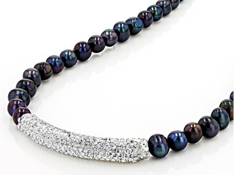 Black Cultured Freshwater Pearl White Crystal Silver Tone Necklace