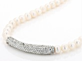 White Cultured Freshwater Pearl White Crystal  Silver Tone Necklace