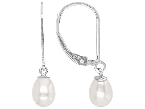 White Cultured Freshwater Pearls Rhodium Over Sterling Silver Drop Earrings