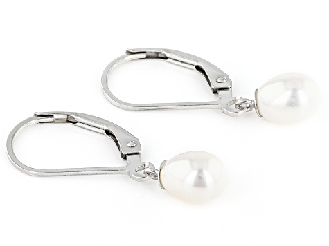 White Cultured Freshwater Pearls Rhodium Over Sterling Silver Drop Earrings