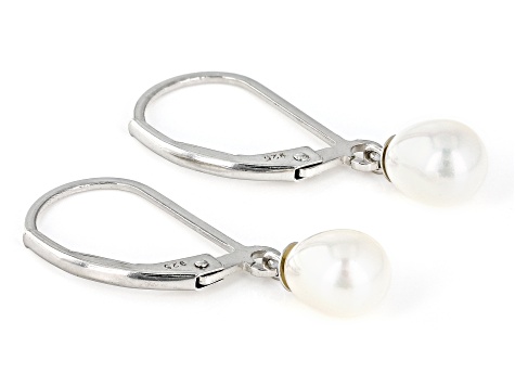 White Cultured Freshwater Pearls Rhodium Over Sterling Silver Drop Earrings