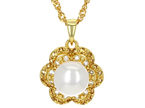 White Cultured Freshwater Pearl Topaz & Citrine 18k Yellow Gold Over Silver 18 Inch Pendant/Chain