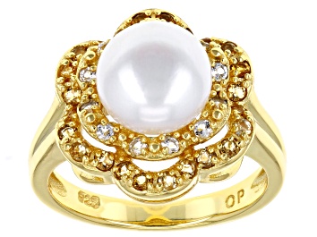 Picture of White Cultured Freshwater Pearl with White Topaz & Citrine 18k Yellow Gold Over Silver Ring