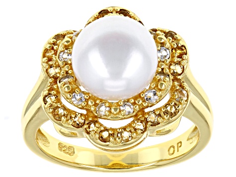White Cultured Freshwater Pearl with White Topaz & Citrine 18k Yellow Gold Over Silver Ring