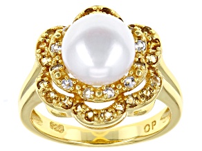 White Cultured Freshwater Pearl with White Topaz & Citrine 18k Yellow Gold Over Silver Ring