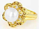 White Cultured Freshwater Pearl with White Topaz & Citrine 18k Yellow Gold Over Silver Ring