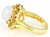 White Cultured Freshwater Pearl with White Topaz & Citrine 18k Yellow Gold Over Silver Ring