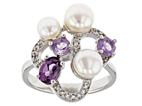 White Cultured Freshwater Pearls & White Topaz & Purple Amethyst Rhodium Over Sterling Silver Ring