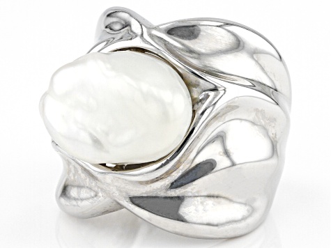 White Cultured Keshi Freshwater Pearl Rhodium Over Sterling Silver Ring