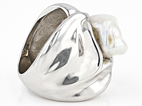 White Cultured Keshi Freshwater Pearl Rhodium Over Sterling Silver Ring