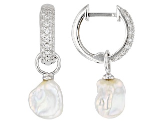 Cultured Keshi Freshwater Pearls And White Cubic Zirconia Rhodium Over Sterling Silver Earrings