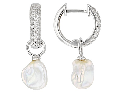 Cultured Keshi Freshwater Pearls And White Cubic Zirconia Rhodium Over Sterling Silver Earrings SPL071 JTV