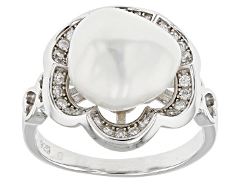 Picture of White Cultured Keshi Freshwater Pearl And White Cubic Zirconia Rhodium Over Sterling Silver Ring