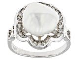 White Cultured Keshi Freshwater Pearl And White Cubic Zirconia Rhodium Over Sterling Silver Ring