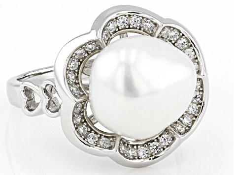 White Cultured Keshi Freshwater Pearl And White Cubic Zirconia Rhodium Over Sterling Silver Ring