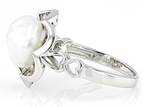 White Cultured Keshi Freshwater Pearl And White Cubic Zirconia Rhodium Over Sterling Silver Ring