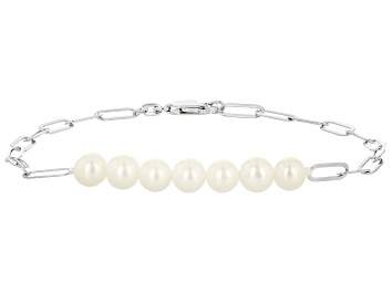 Picture of White Cultured Freshwater Pearl Rhodium Over Sterling Silver Paperclip Bracelet
