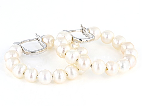 White Cultured Freshwater Pearl Rhodium Over Sterling Silver Hoop Earrings